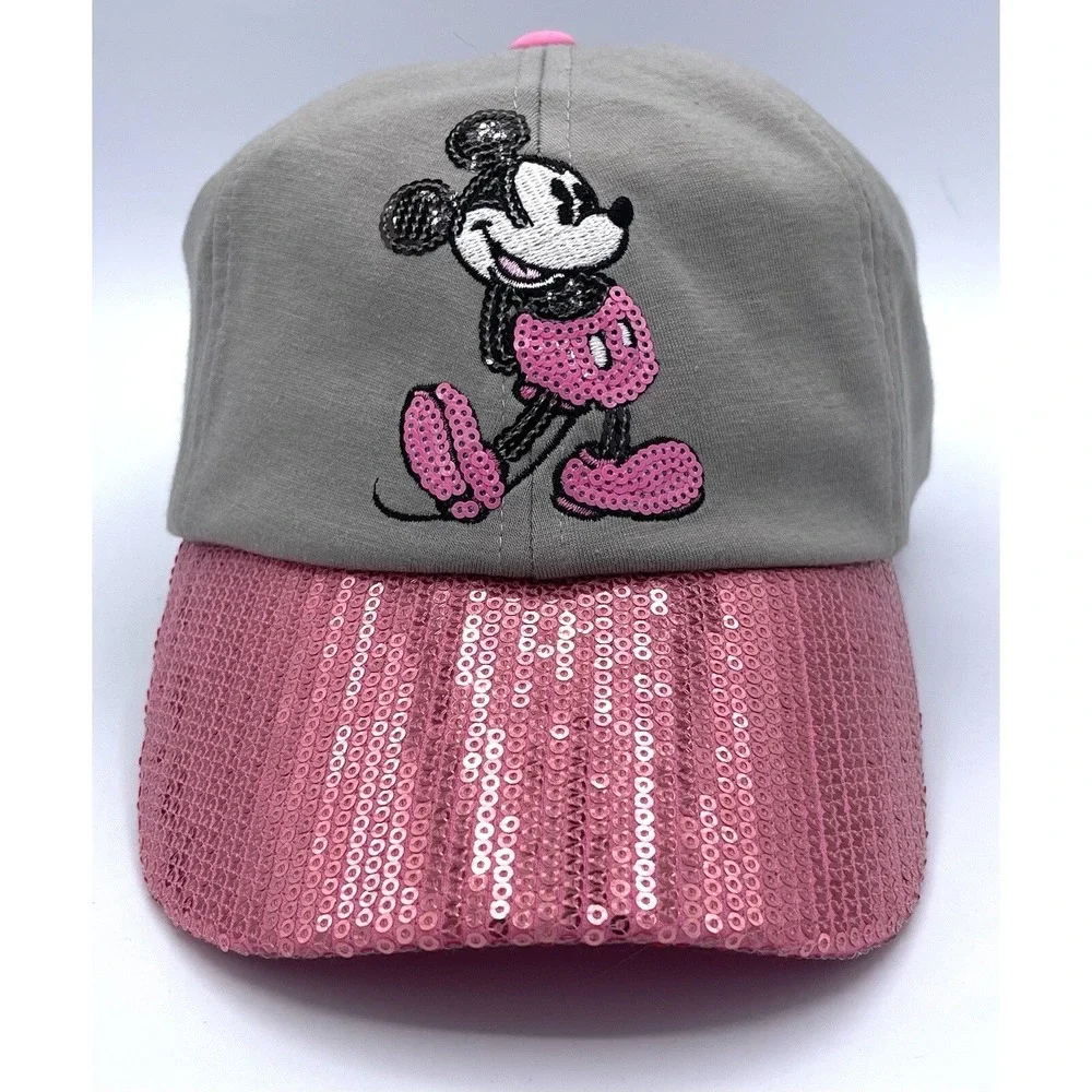 Walt Disney World Pink Sequin Mickey‎ Mouse Baseball Cap Hat Gray Adult 57-61CM
